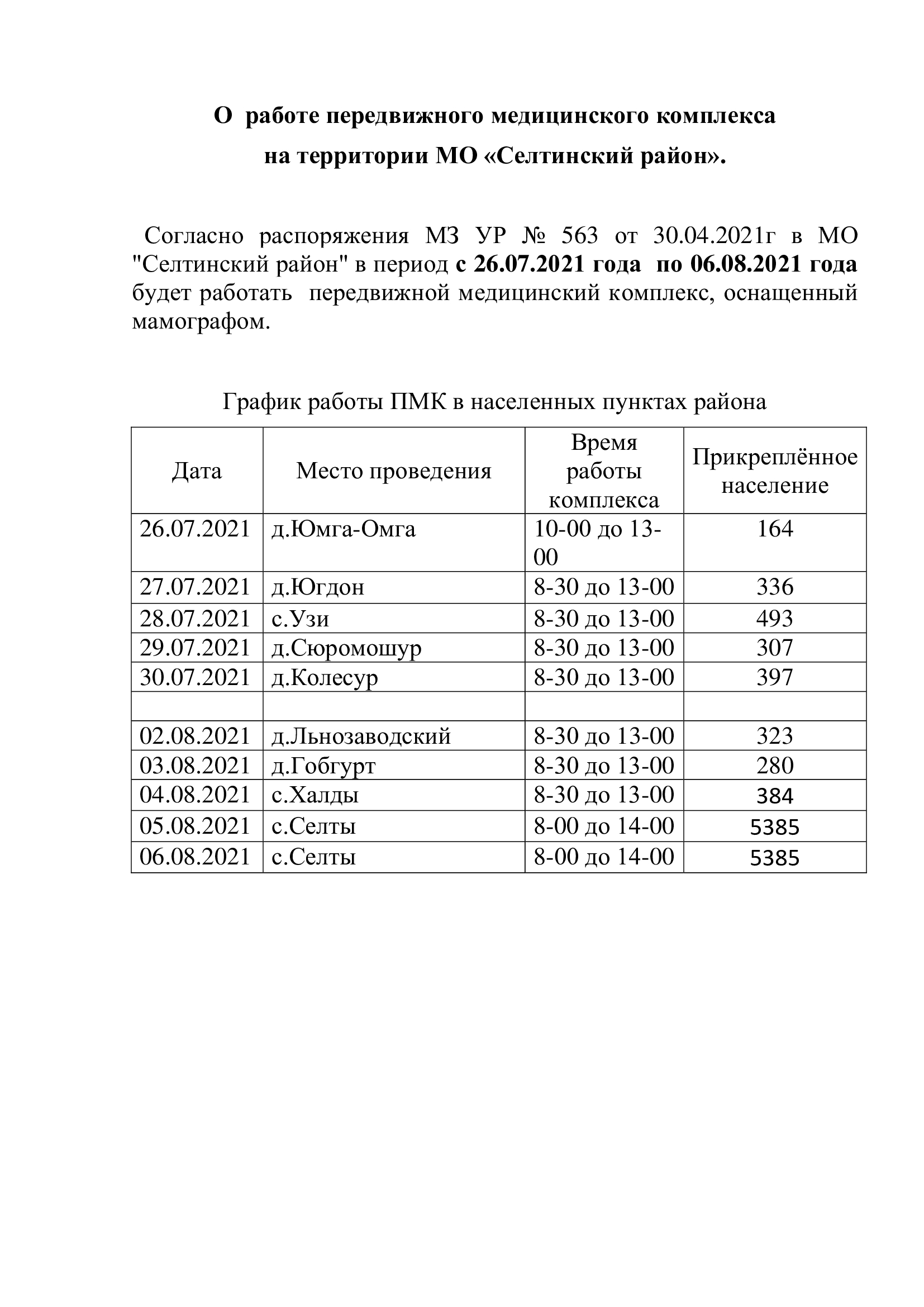 О работе передвижного медицинского комплекса на территории МО «Селтинский  район».